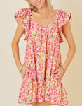 Butter Pink floral mini dress with tie back and ruffle sleeves and side pockets