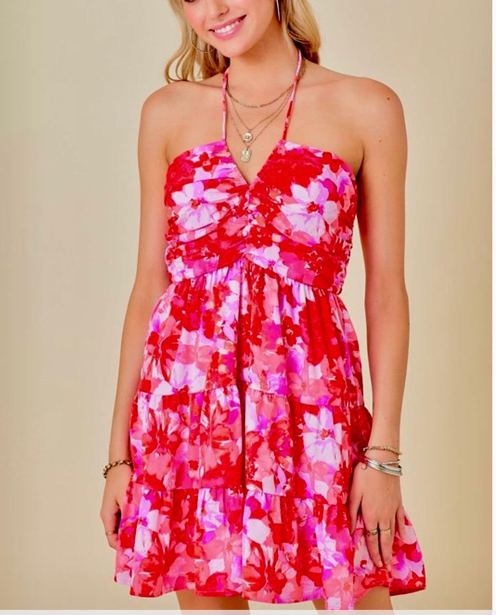Pink floral pattern halter mini dress with self tie