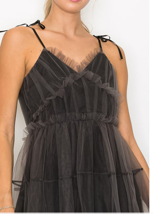 Mesh layer tiered dusty black dress