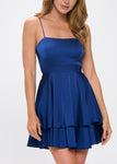 Navy blue tiered satin mini dress with tie back