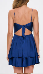 Navy blue tiered satin mini dress with tie back