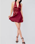 Wine bow tied satin halter fit and flare mini dress