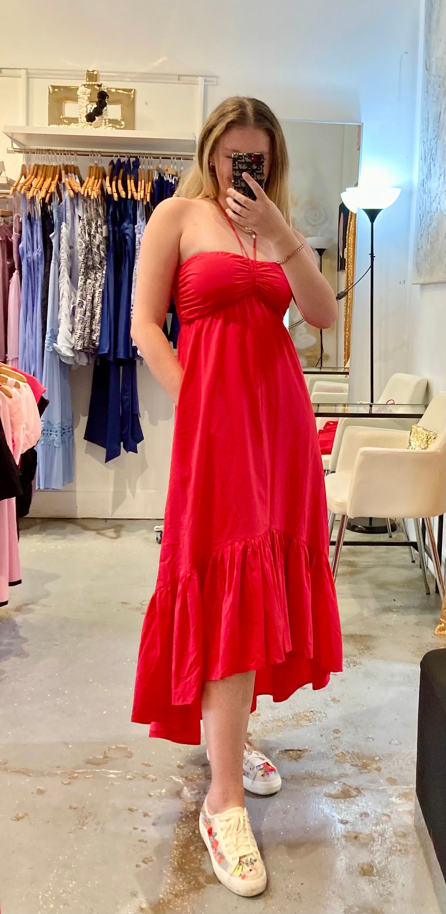 Red halter open back midi dress with pockets