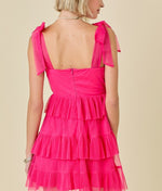 Pink tiered ruffle chiffon mini dress with self tie straps