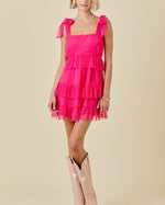 Pink tiered ruffle chiffon mini dress with self tie straps