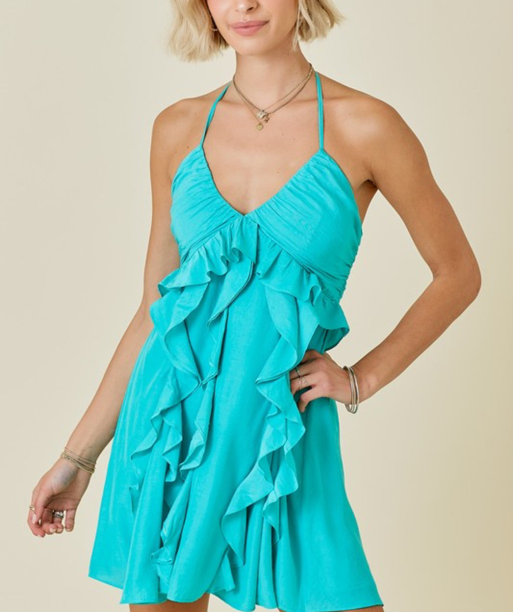 Teal self-tie neck mini dress with ruffle detailing