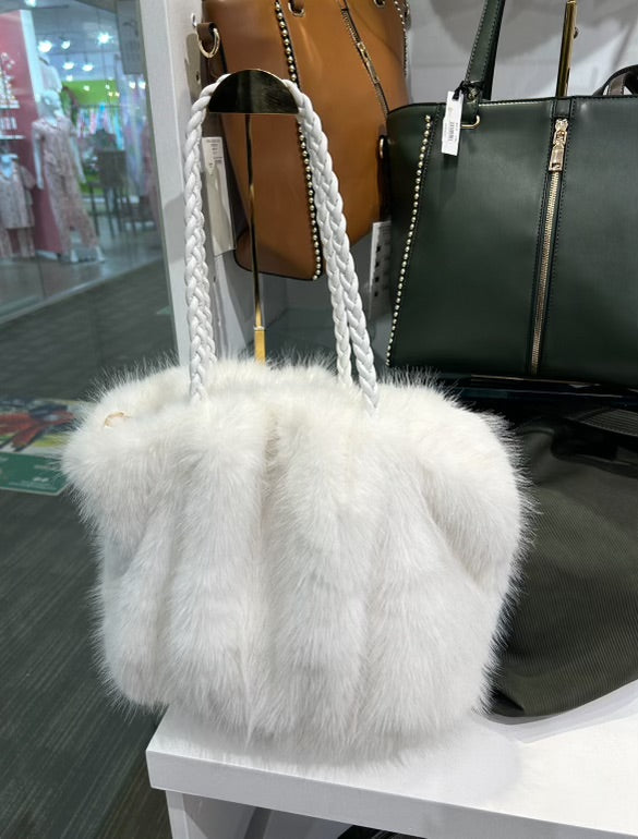 Fur tote purses with zipper and leather strap