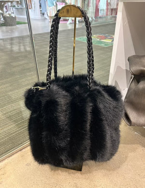 Fur tote purses with zipper and leather strap