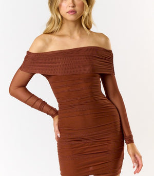 Toffee off shoulder long sleeve Mesh mini bodycon dress Medium / Brown / Mesh