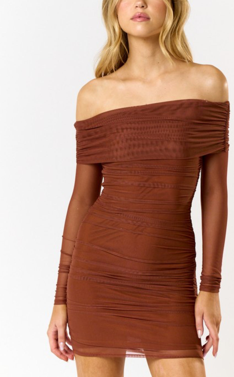 Toffee off shoulder long sleeve Mesh mini bodycon dress Medium / Brown / Mesh Toffee off shoulder long sleeve Mesh mini bodycon dress Medium / Brown / Mesh