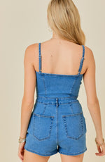 Denim Cami Romper With Button Front And Pockets