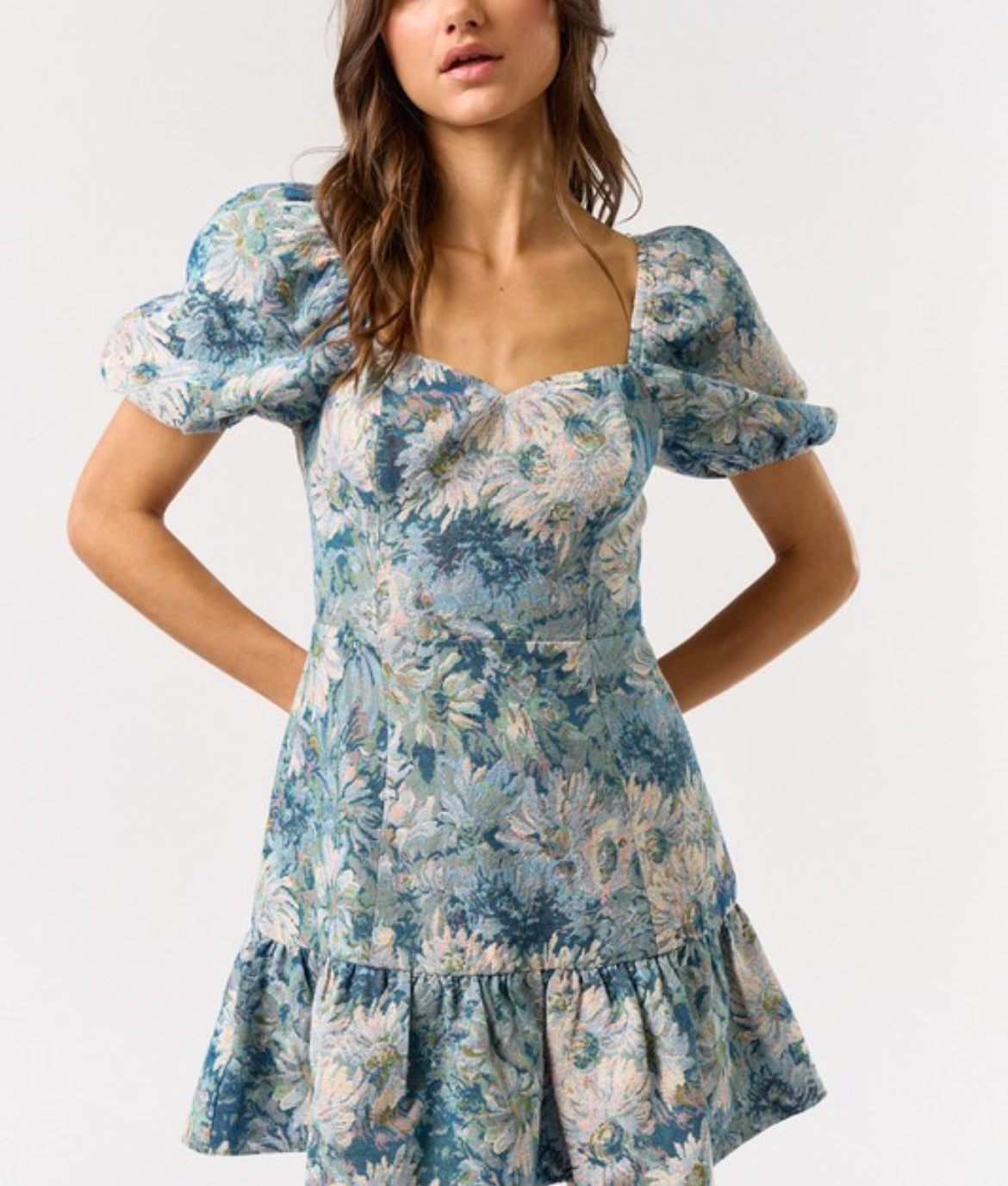 lala jacquard blue floral lace up back puff sleeve mini dress