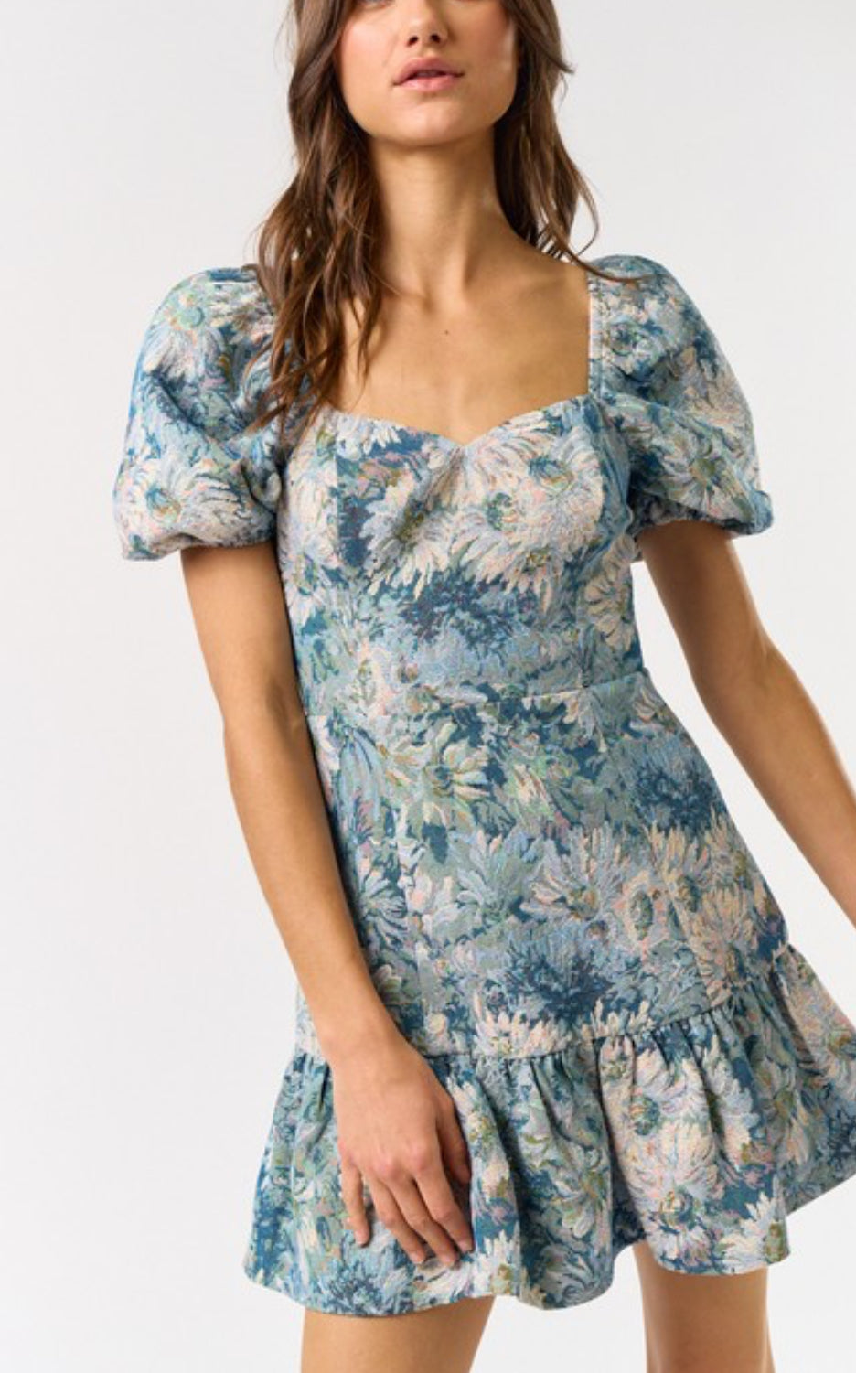 lala jacquard blue floral lace up back puff sleeve mini dress