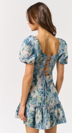 lala jacquard blue floral lace up back puff sleeve mini dress