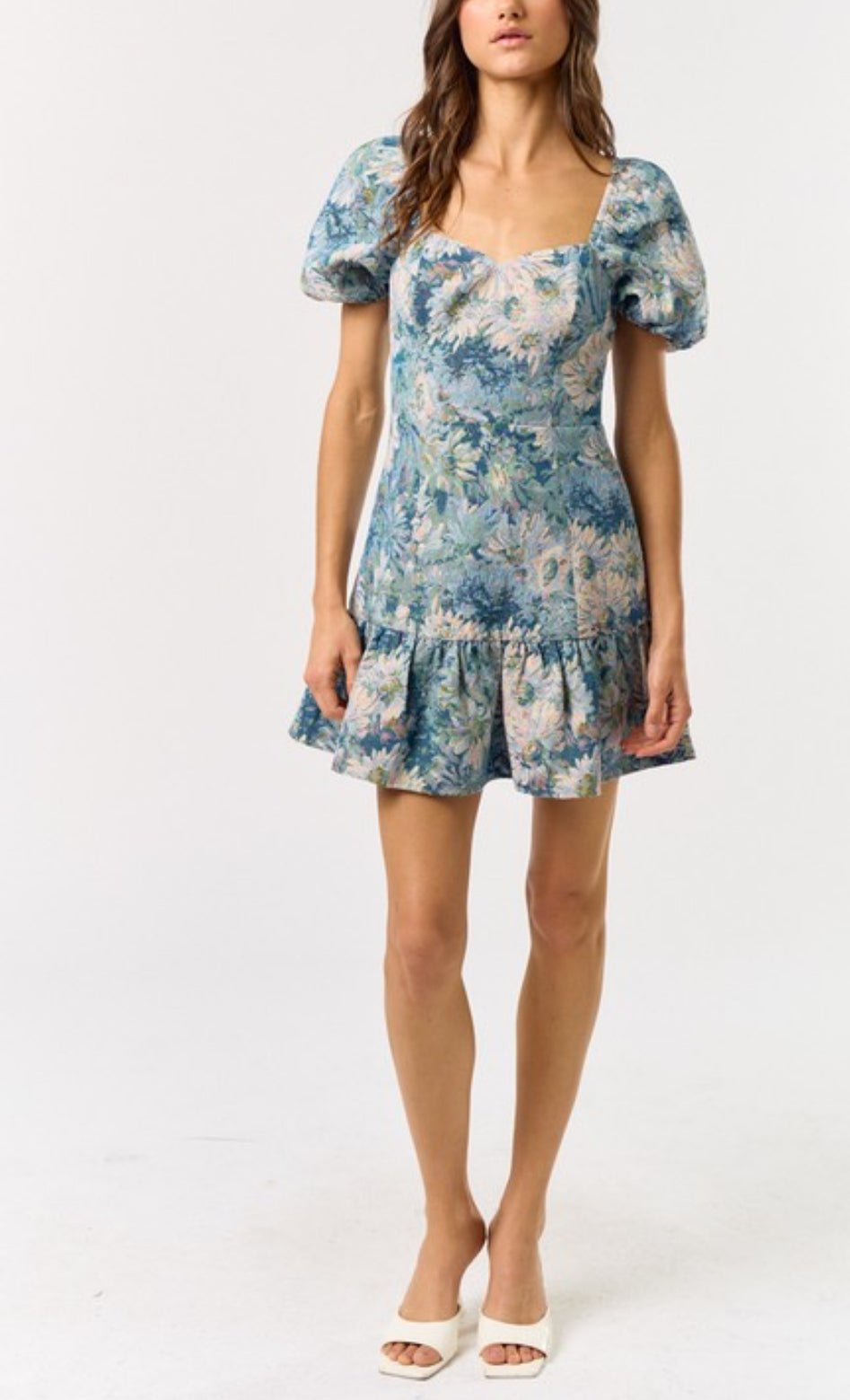 lala jacquard blue floral lace up back puff sleeve mini dress