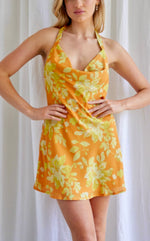 easy breezy  floral high cowl neck halter mini dress .green floral -yellow floral