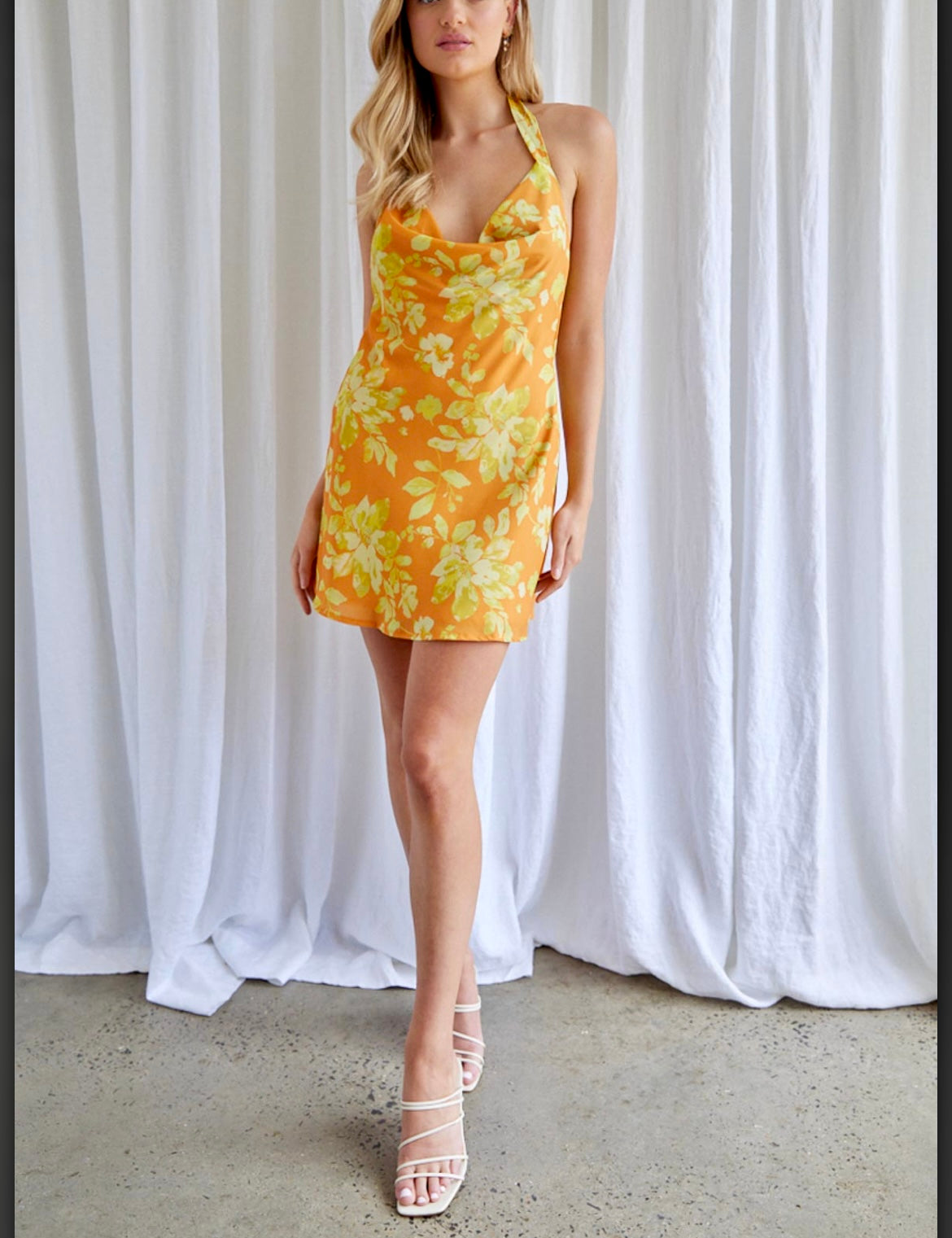 easy breezy  floral high cowl neck halter mini dress .green floral -yellow floral