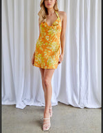 easy breezy  floral high cowl neck halter mini dress .green floral -yellow floral