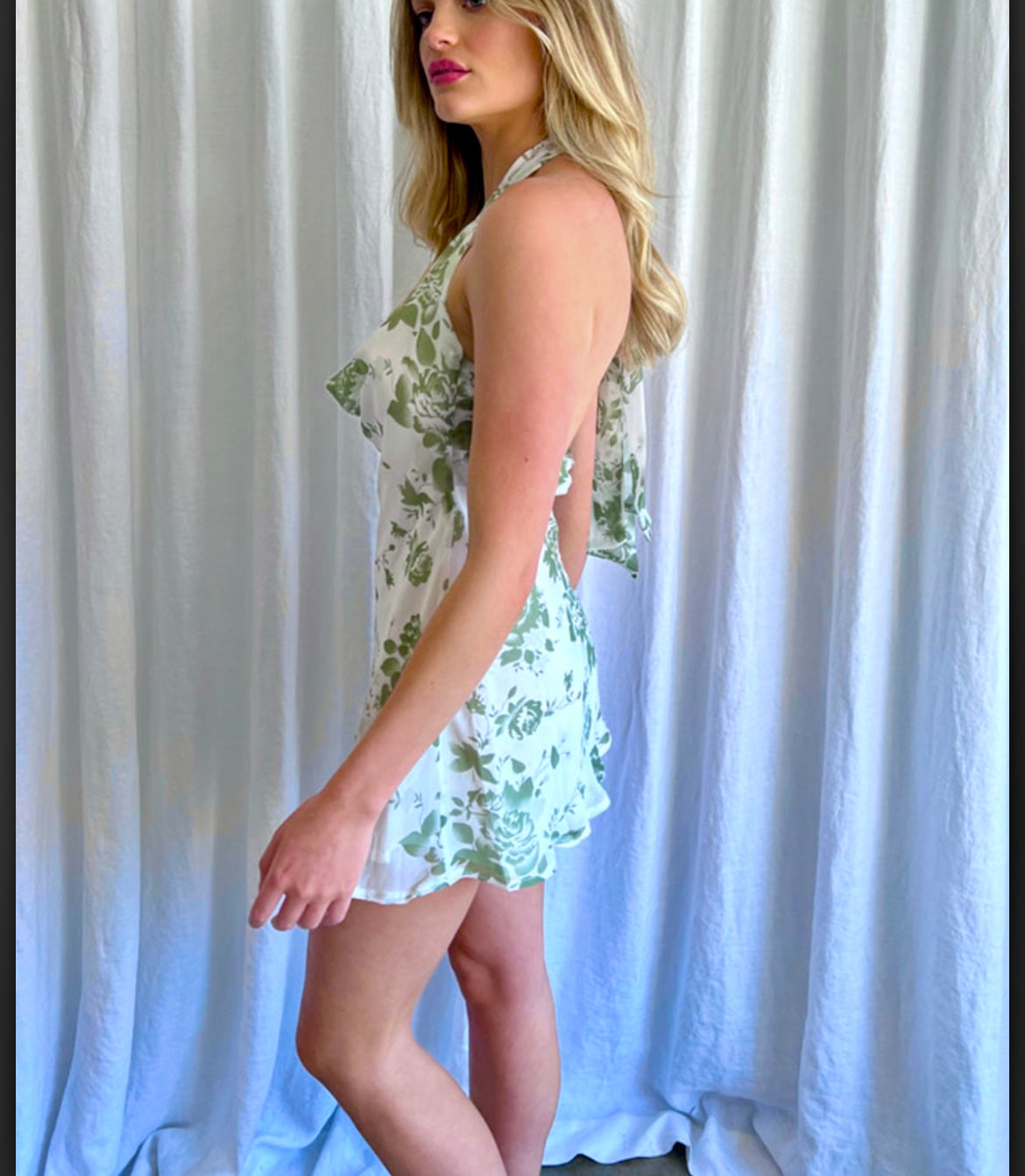 easy breezy  floral high cowl neck halter mini dress .green floral -yellow floral