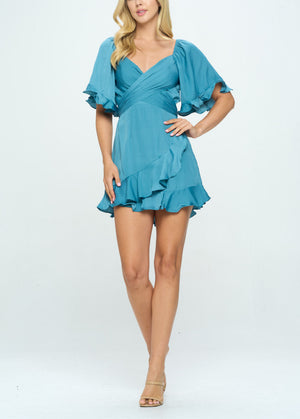 Paradise dusty blue ruffle flutter short sleeve mini dress