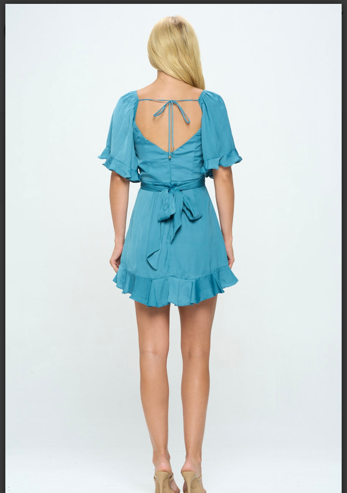 Paradise dusty blue ruffle flutter short sleeve mini dress