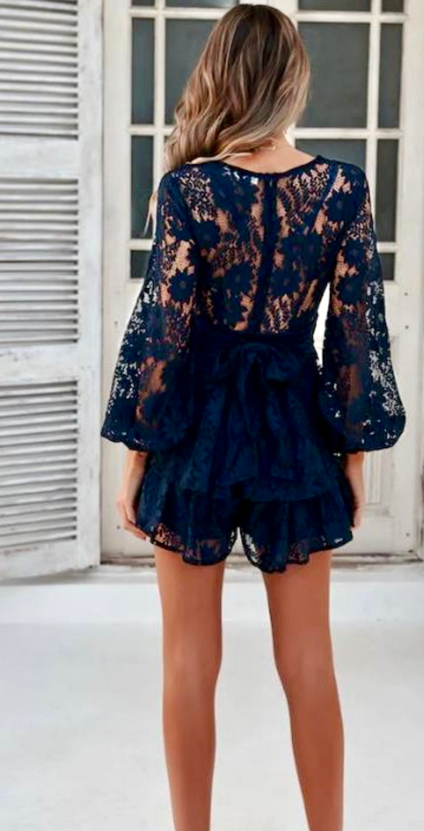 Toronto deep V lace fit and flare ruffle skirt romper -navy