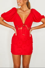 lipstick red v neck puff sleeve lace body con mini dress