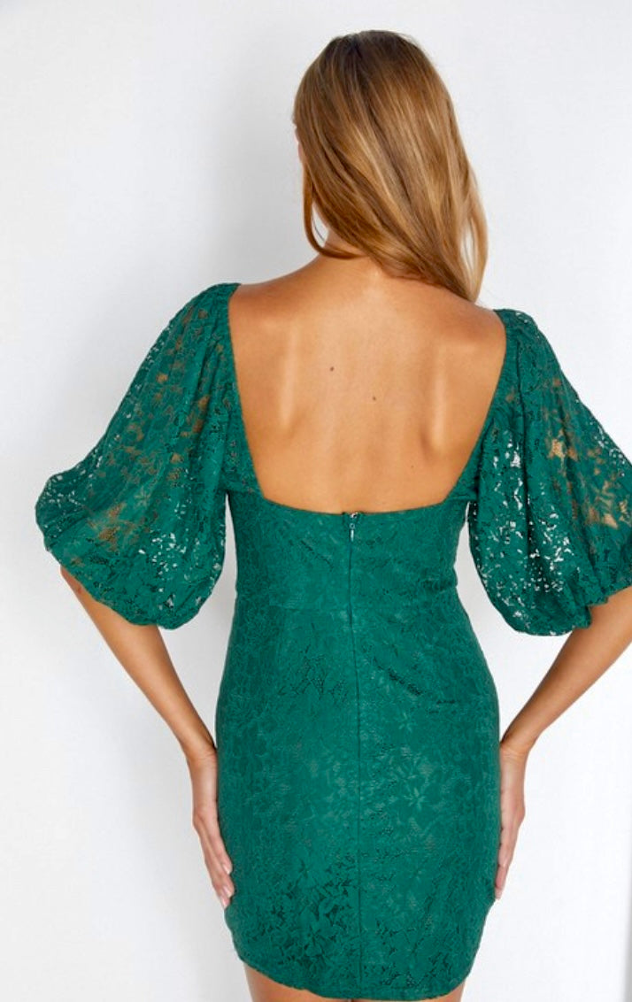 green lace 3/4 sleeve mini dress S / Emerald green green lace 3/4 sleeve mini dress S / Emerald green