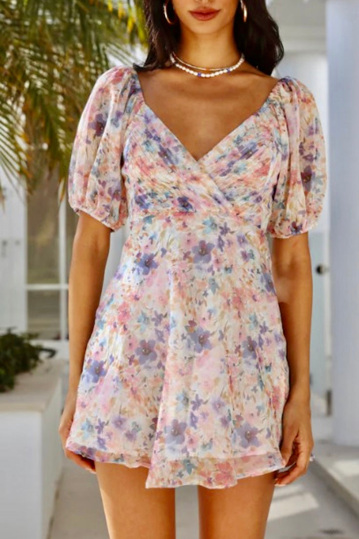Lavender Floral Chiffon Short Sleeve Mini Dress L / Floral / Chiffon Lavender Floral Chiffon Short Sleeve Mini Dress L / Floral / Chiffon
