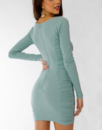 Abigail long sleeve sage bodycon dress with ruched side