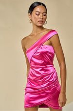 Pageant satin finish shoulder strap dress black- hot pink