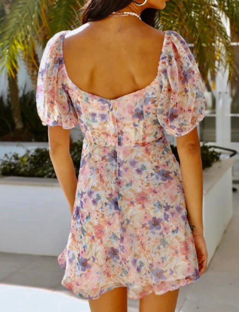Lavender Floral Chiffon Short Sleeve Mini Dress L / Floral / Chiffon Lavender Floral Chiffon Short Sleeve Mini Dress L / Floral / Chiffon