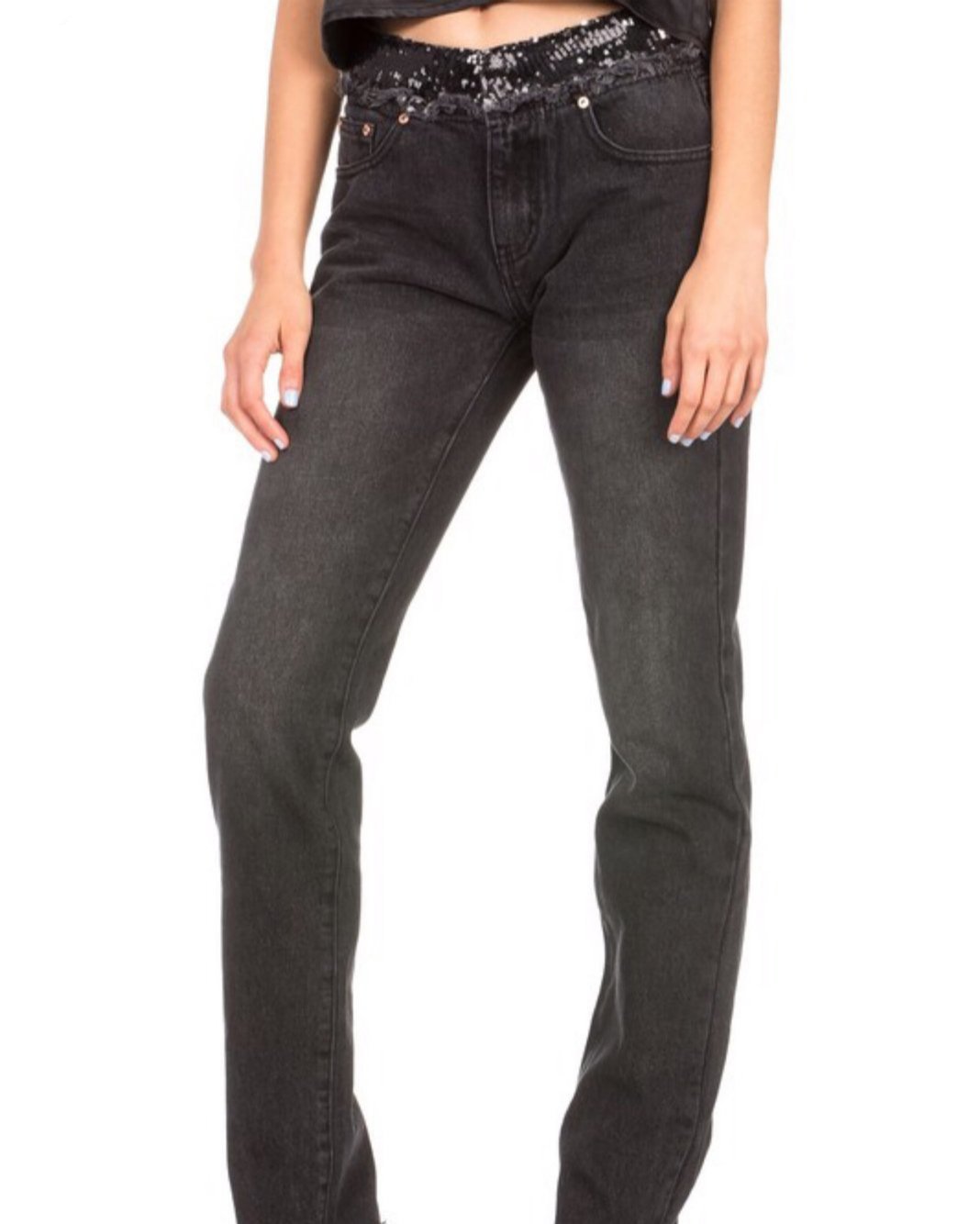 Black Sequin Distressed Jeans