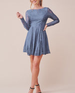 Abigail dusty blue lace long sleeve backless fit and flare Dress