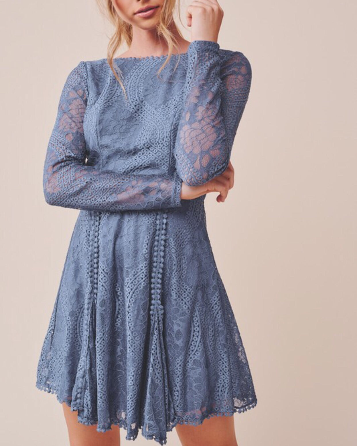 Abigail dusty blue lace long sleeve backless fit and flare Dress